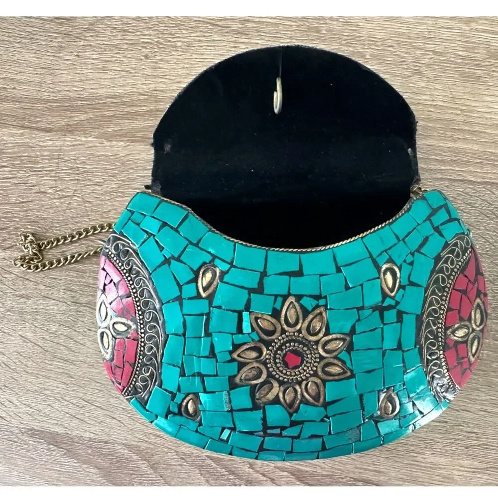 Vintage Turquoise Mosaic Tile Purse Coral Stone Inlay Crossbody Gold Chain Bag